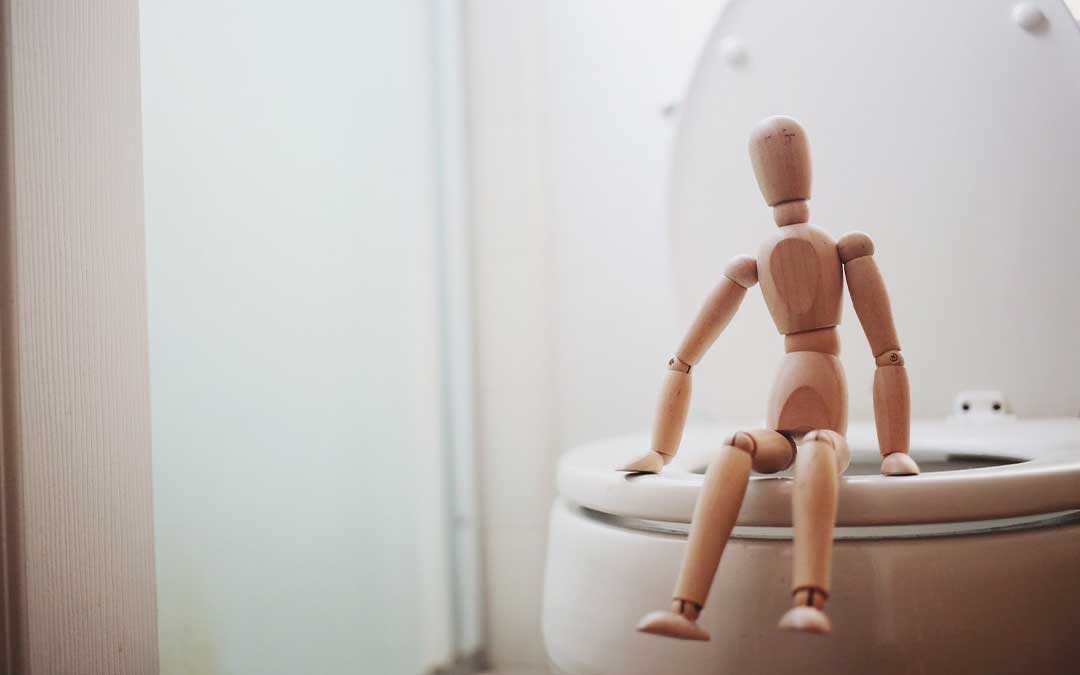 Wood doll sitting on a toilet seat